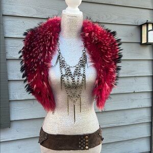 Red Fuchsia Fur Shawl Stole Collar Vest Festival Burning Man Victorian Steampunk